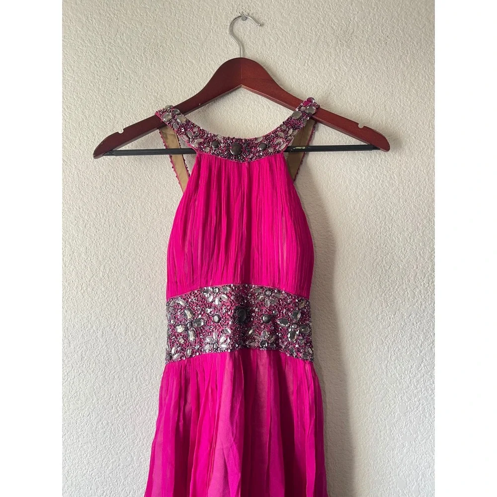 Y2k Adrianna Papell Evening Magenta Pink Beaded Halter Chiffon Gown Dress Xsmall
